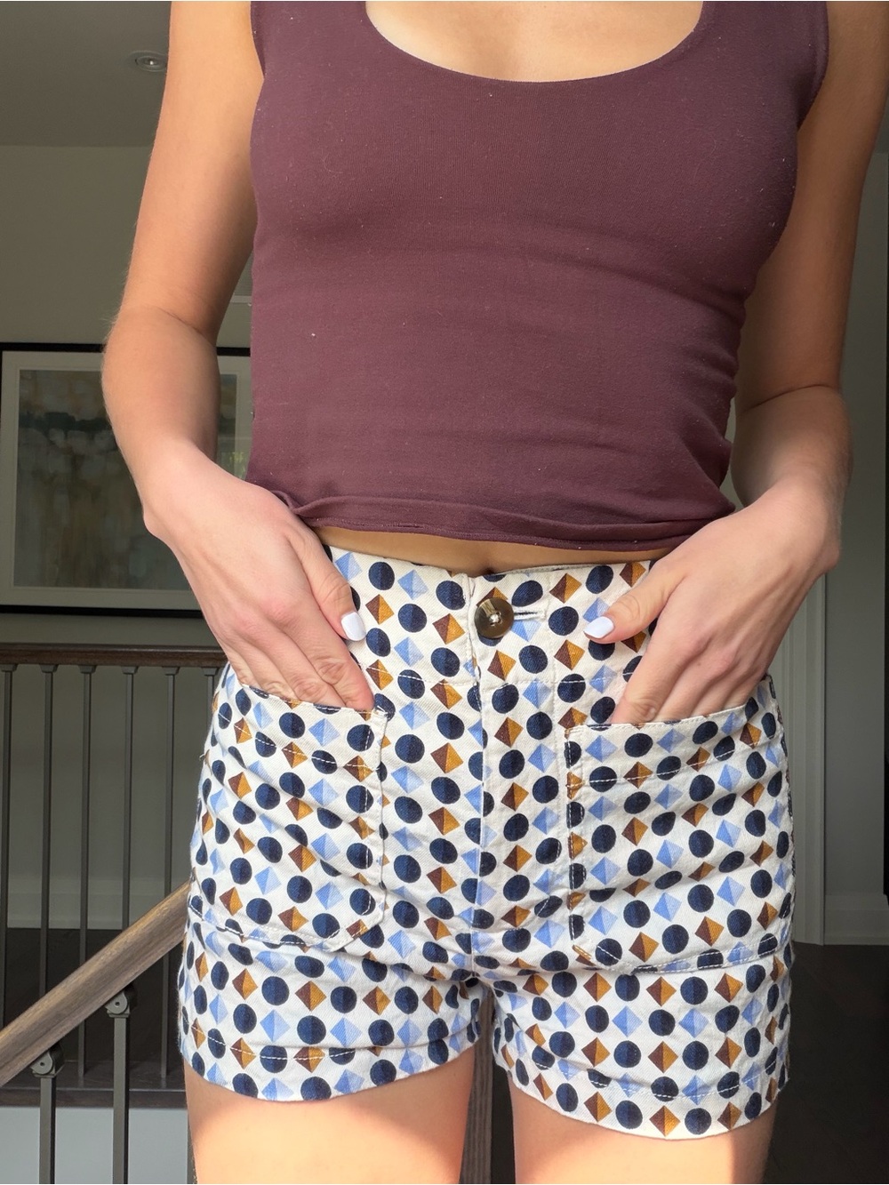 Anthropologie Geo Dot High-Rise Shorts in White, Blue & Brown